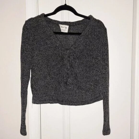 *3 FOR $9* Sadie & Sage Marled Lace Up Tie Front Crop Long Sleeve Knit Sweater - Picture 1 of 3